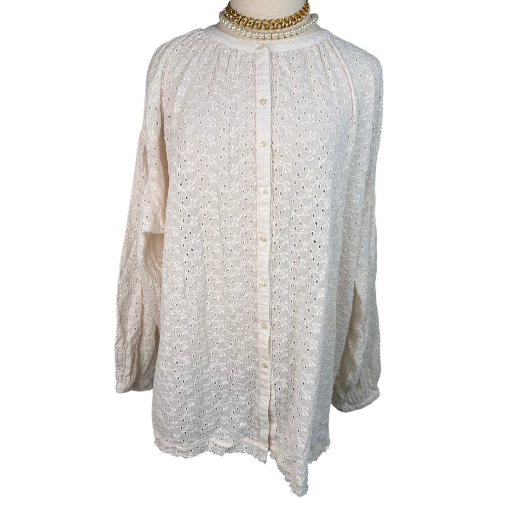 Free People Maddison Eyelet Cotton Blouse Ivory white Oversized Balloon XL - Picture 3 of 15